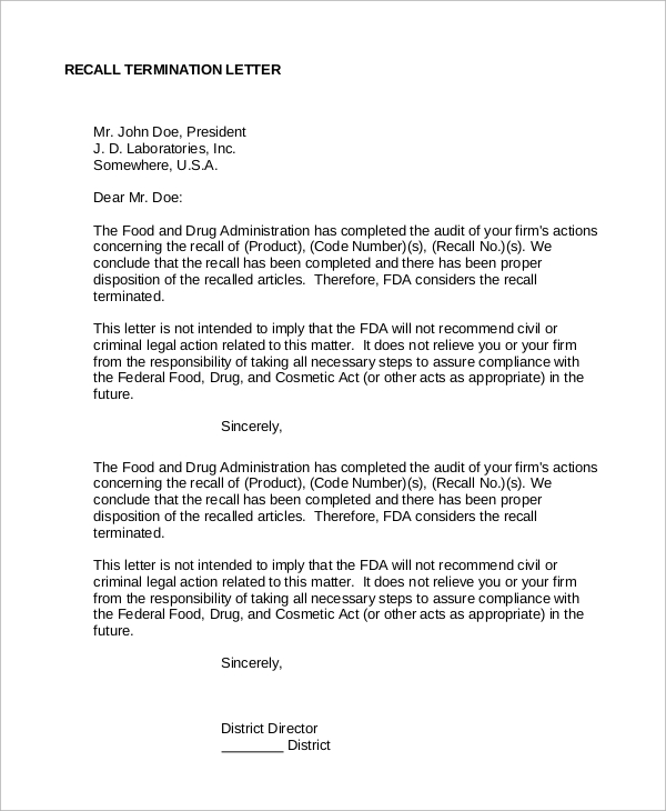 recall termination letter