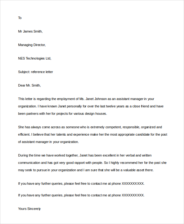 Reference Letter Template For A Friend   Sample Reference Letter For Friend 