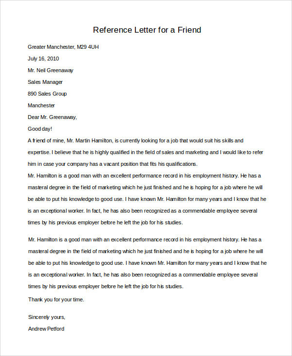 FREE 10+ Reference Letters for Friend in PDF  MS Word 