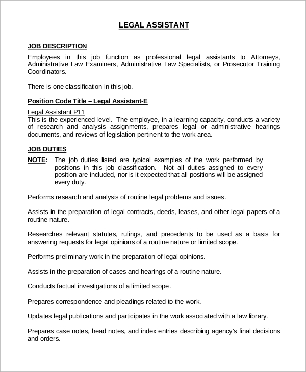 Legal Assistant Job Description