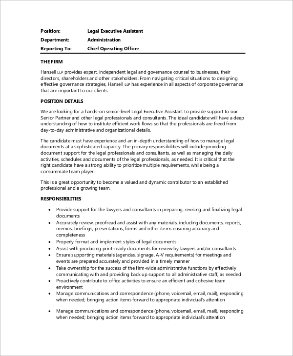 executive legal assistant job description