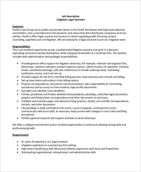 litigation legal assistant job description 