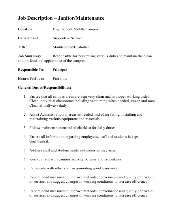 FREE 8 Sample Custodian Job Description Templates In PDF MS Word