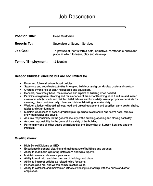 FREE 8+ Sample Custodian Job Description Templates in PDF MS Word