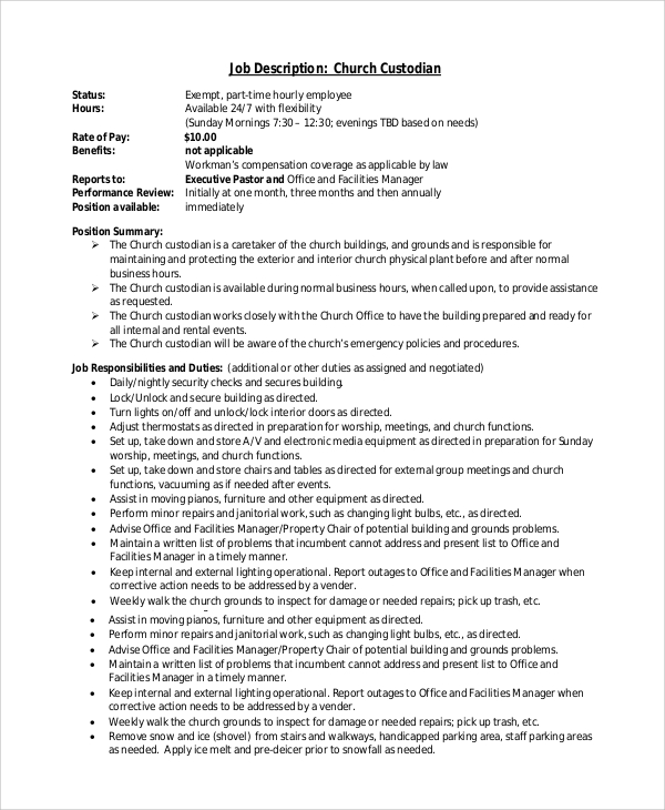 FREE 8+ Sample Custodian Job Description Templates in PDF MS Word