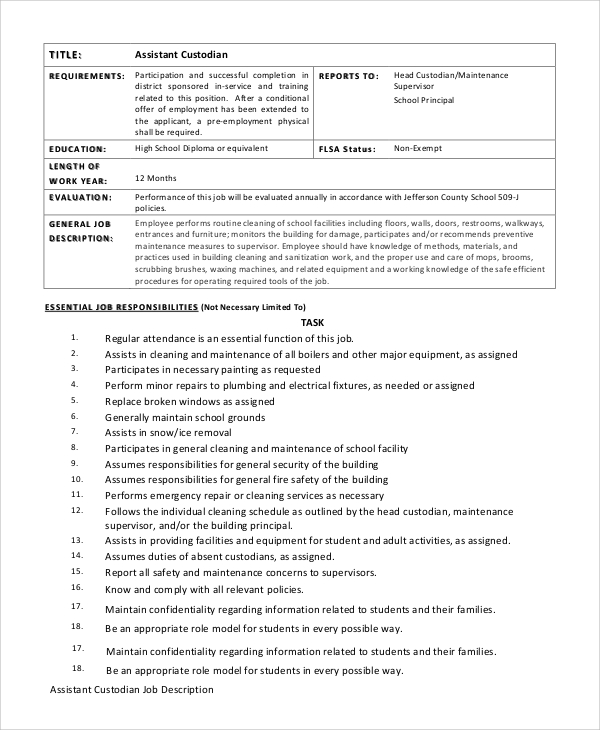assistant custodian job description