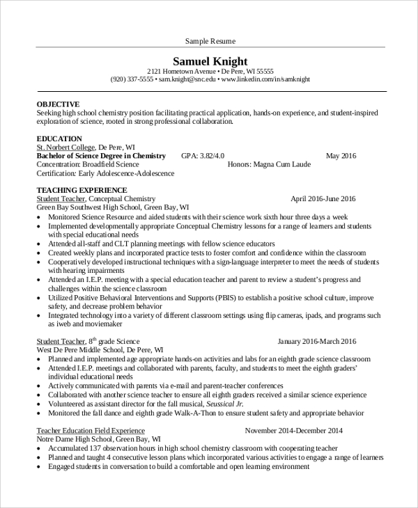 FREE 9+ Sample Teacher Resume Templates in MS Word PDF