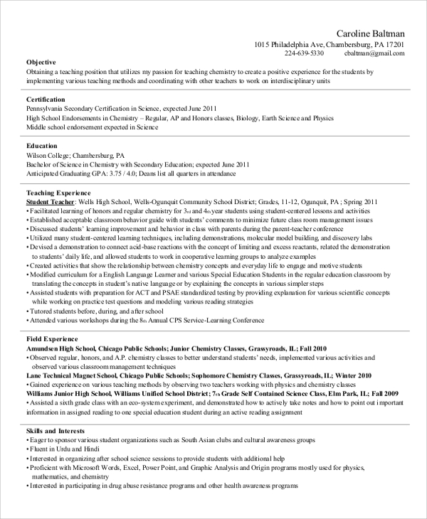 resume format for chemistry teacher fresher