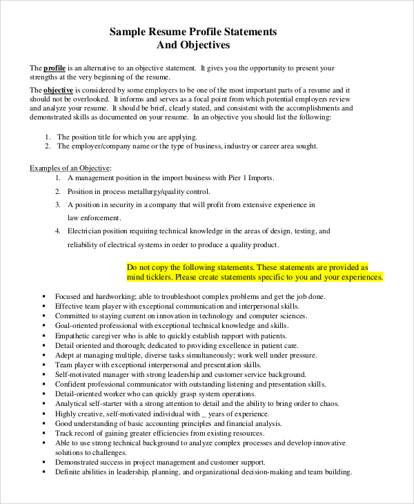 resume profile example 7 samples in pdf word