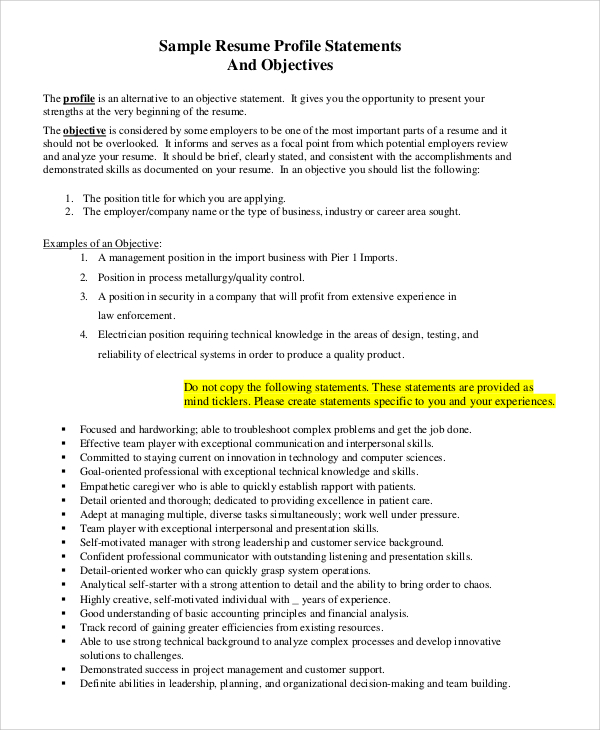 resume profile statement example