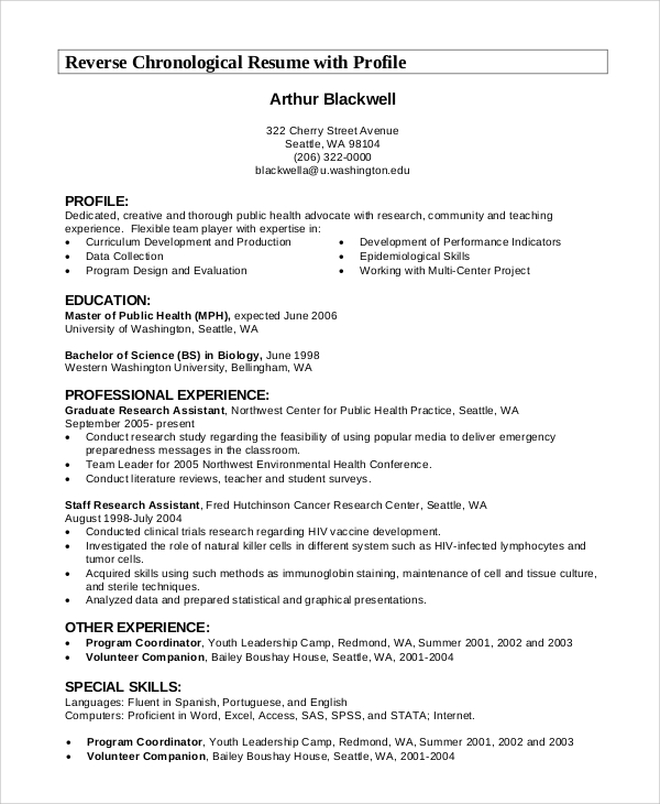 chronological resume with profile