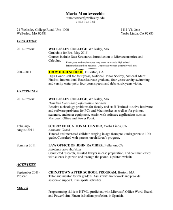 resume profile example for student