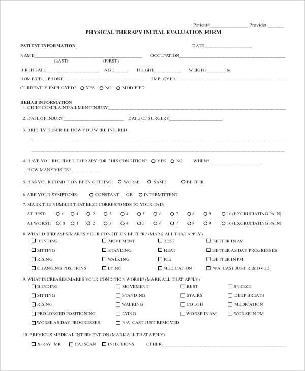 physical therapy evaluation form