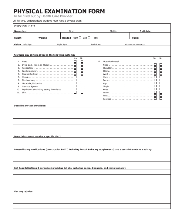 Sample Physical Exam Template | The Document Template