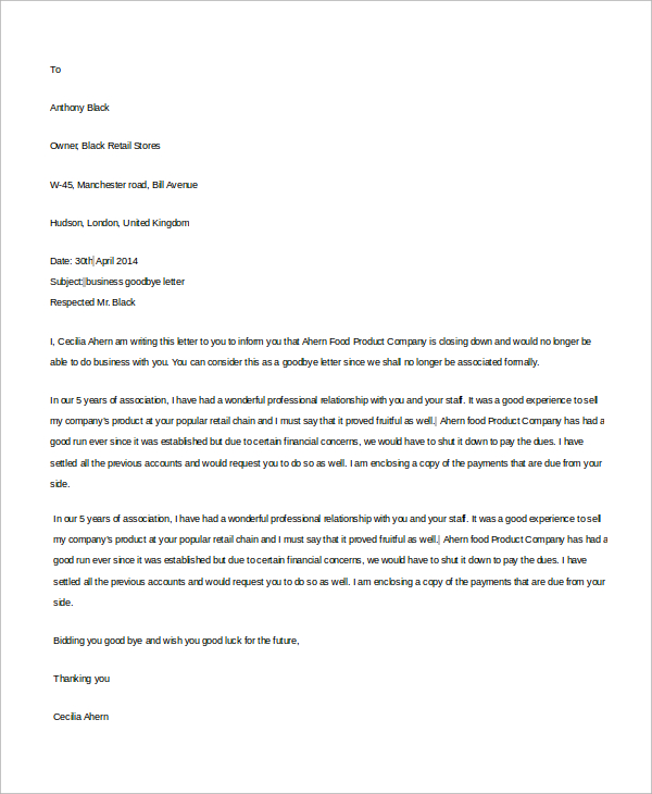 business goodbye letter