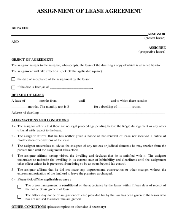 simple assignment of lease agreement