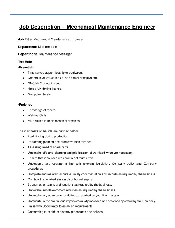 Job Description For Electrical Maintenance Engineer