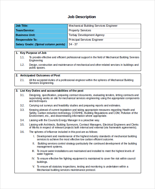 Mechanical Engineering Job Description