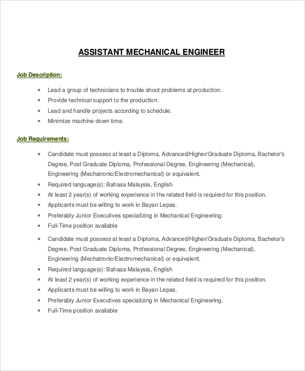 assistant mechanical engineer job description
