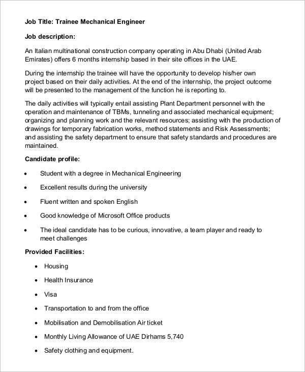 trainee mechanical engineer job description