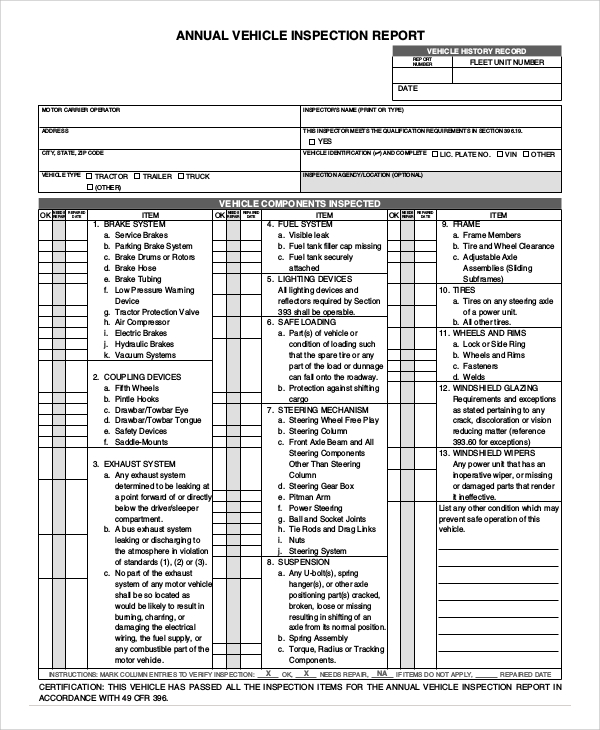 annual vehicle inspection report form