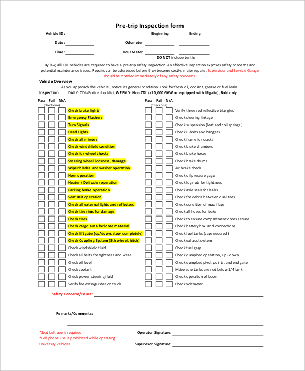 vehicle pre trip inspection form