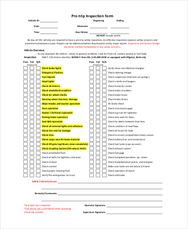 Printable Pre Trip Inspection Form Pdf Printable Word Searches