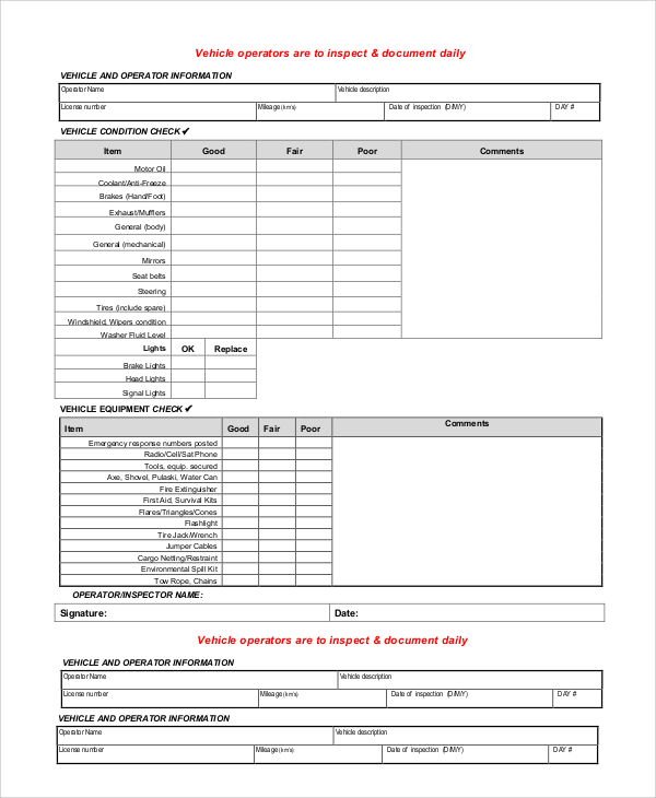 daily vehicle inspection form