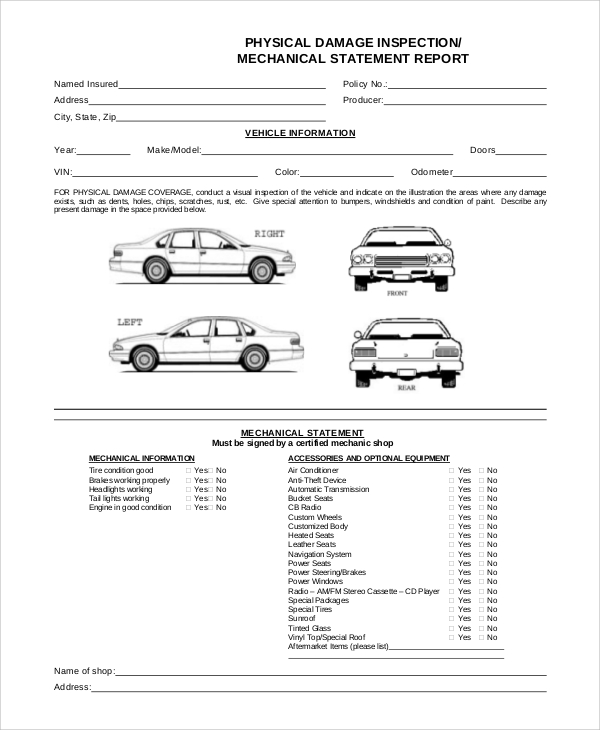 vehicle damage inspection form