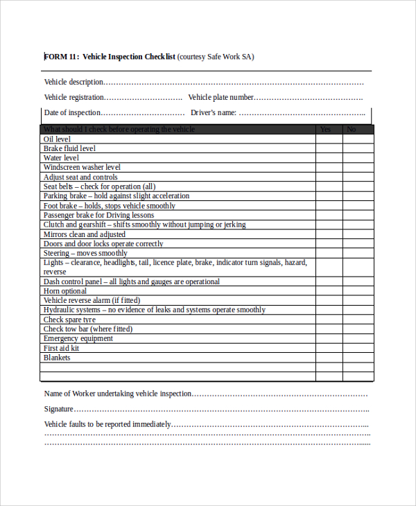 vehicle inspection checklist form