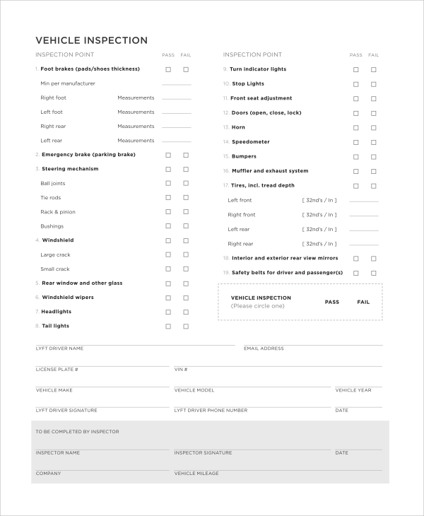 lyft vehicle inspection form