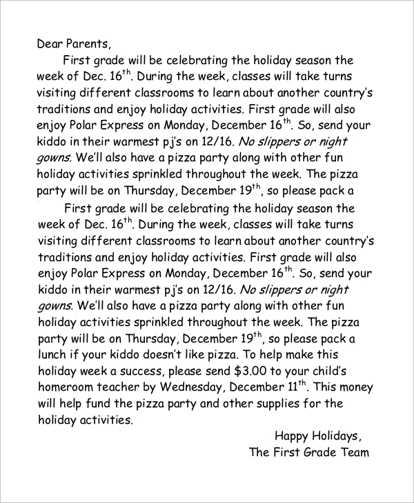 holiday letter to parents