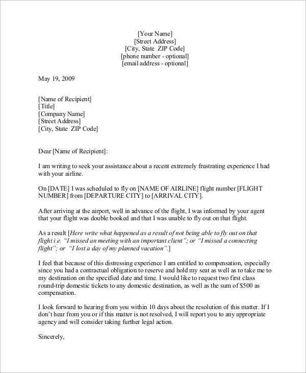 flight complaint letter example