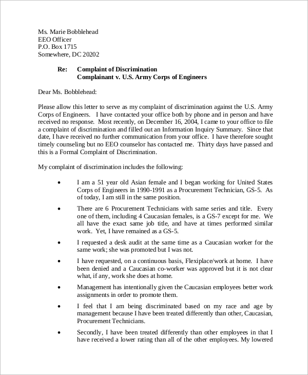 complaint of discrimination letter