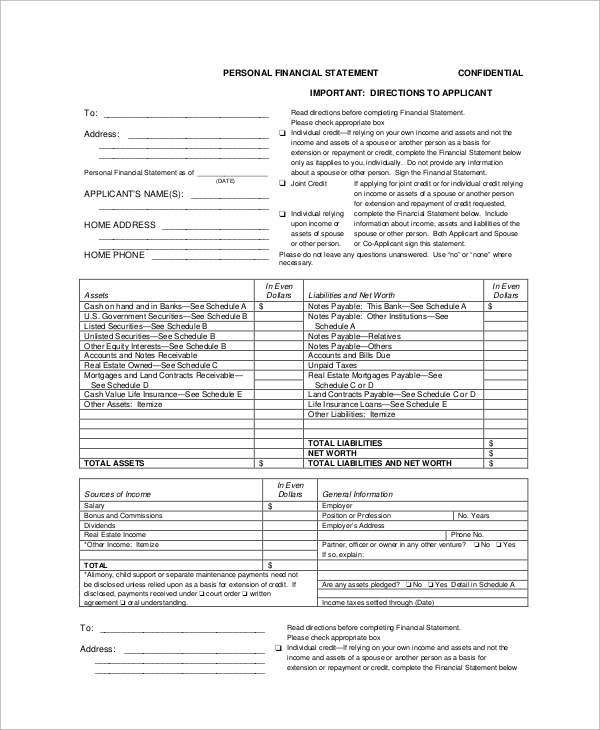 confidential personal financial statement form