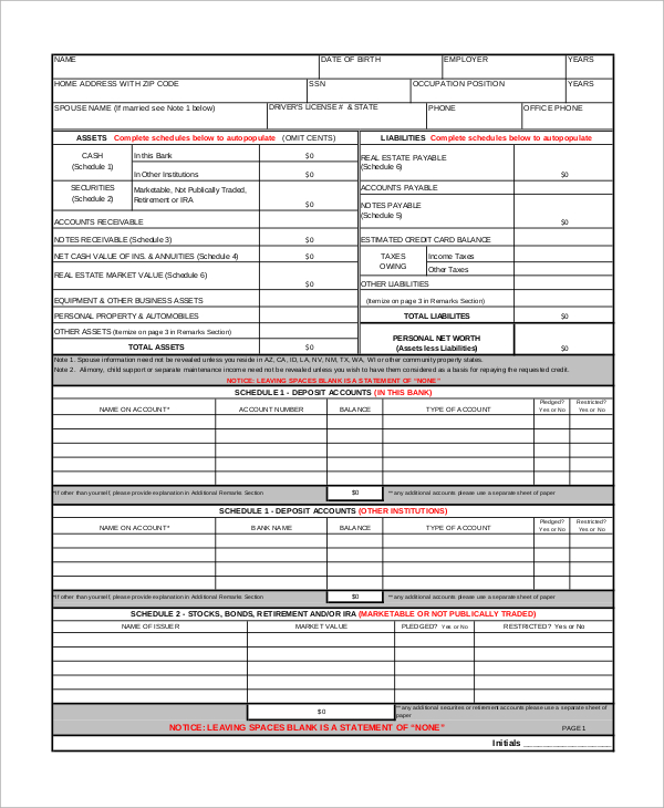 personal financial income statement form
