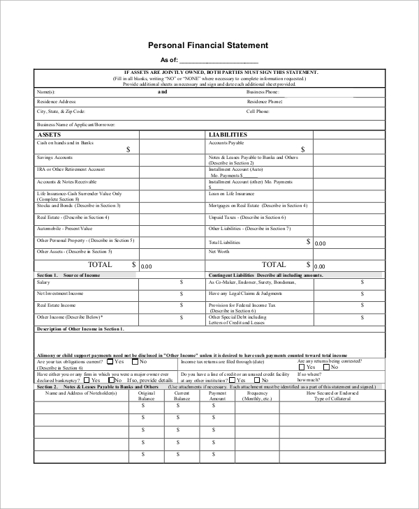 personal banking financial statement form