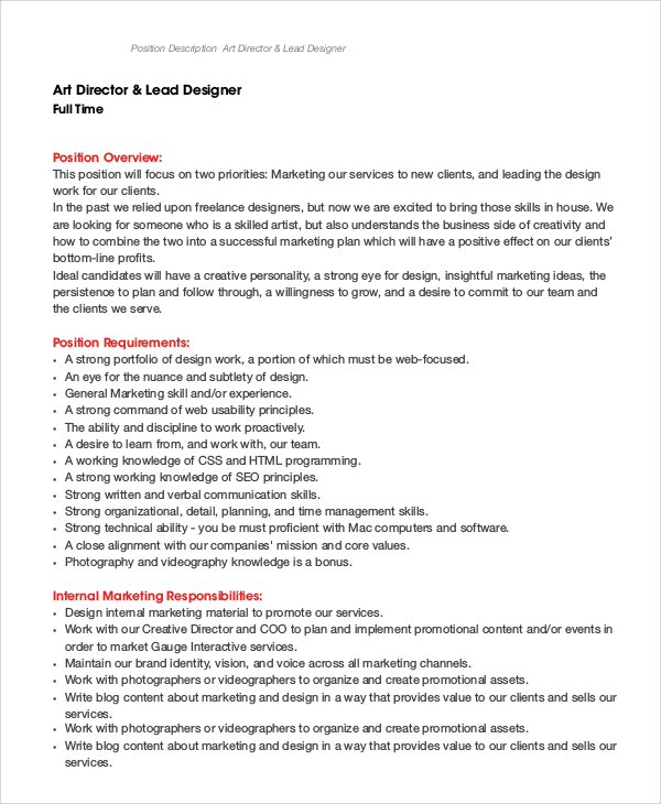 Sample Art Director Job Description 8 Examples in PDF Word