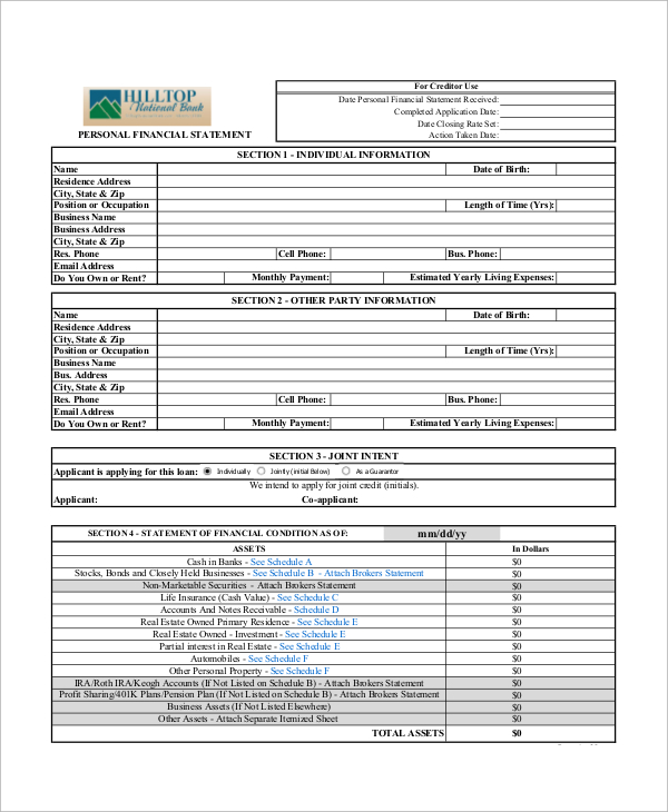 9+ Sample Personal Financial Statement Forms  Sample 