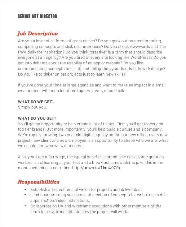 Free 8 Sample Art Director Job Description Templates In Pdf Ms Word 8219