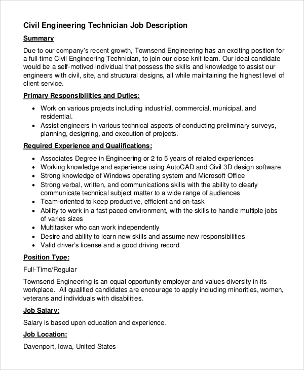 civil engineering technician job description