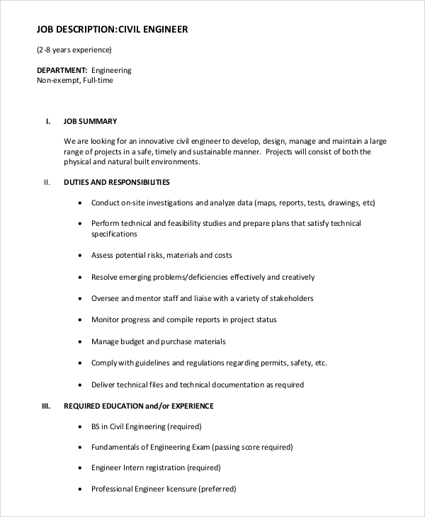 Free 8+ Sample Civil Engineer Job Description Templates In Pdf | Ms Word