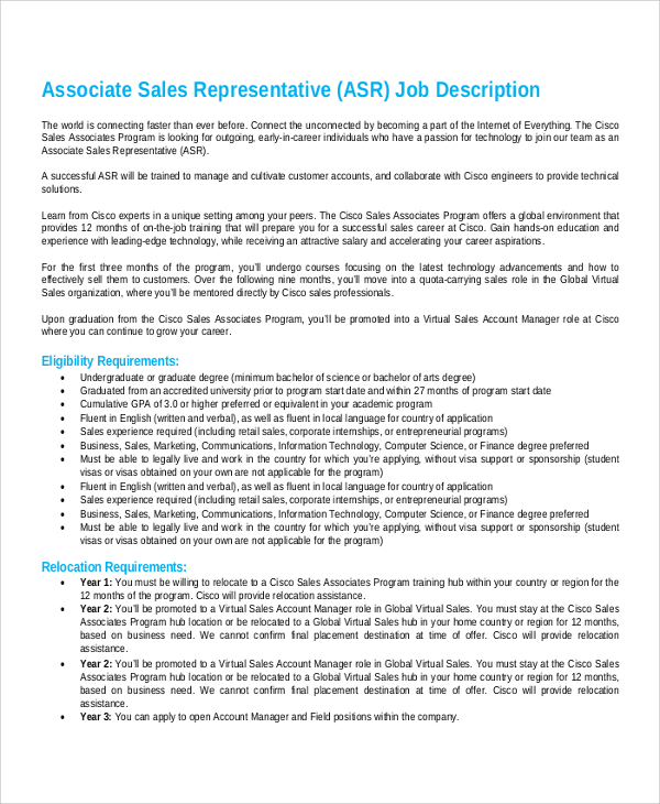 Sample Job Description And Person Specification Template Sample Site A   Associate Sales Representative Job Description 