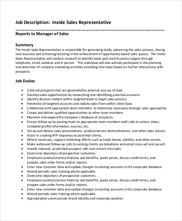 Job Description For Inside Sales Manager