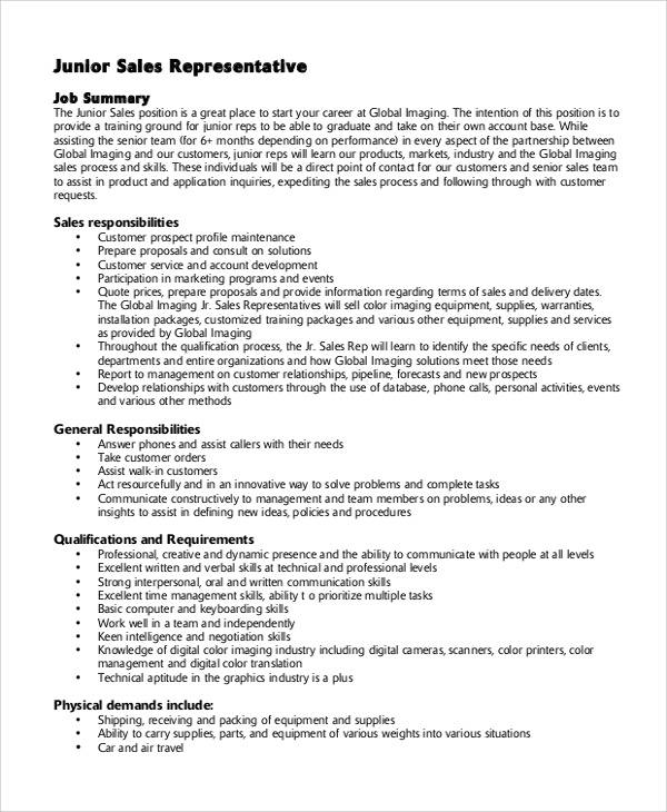 junior sales representative job description