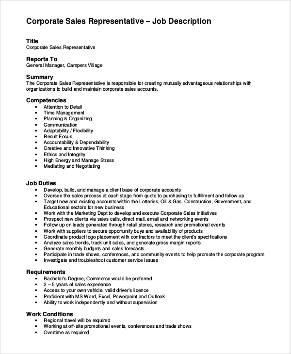 FREE 9+ Sales Representative Job Description Samples in MS Word PDF