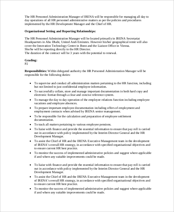 Job Specification Sample For Hr Manager