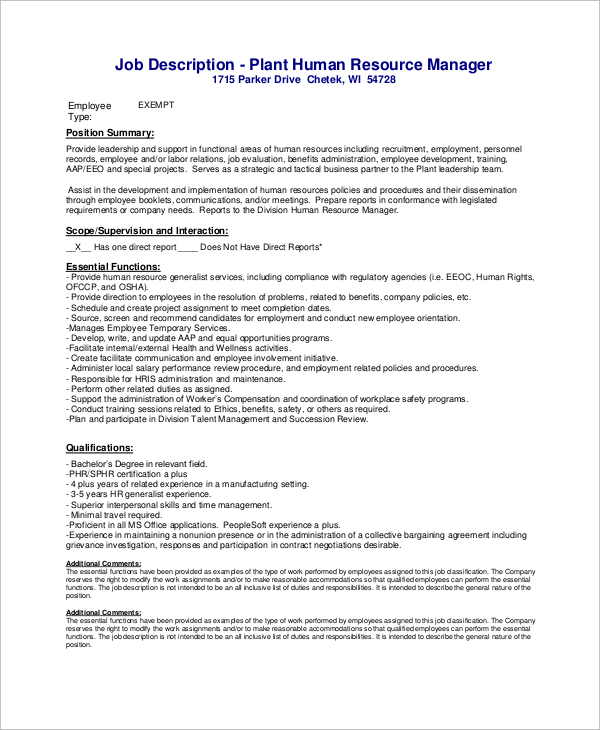 Job specification of a hr manager