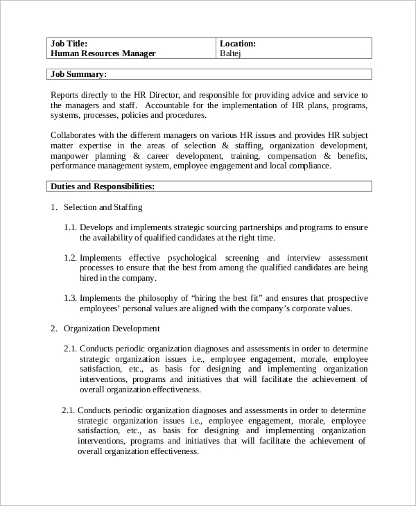 Hr Manager Job Description Resume