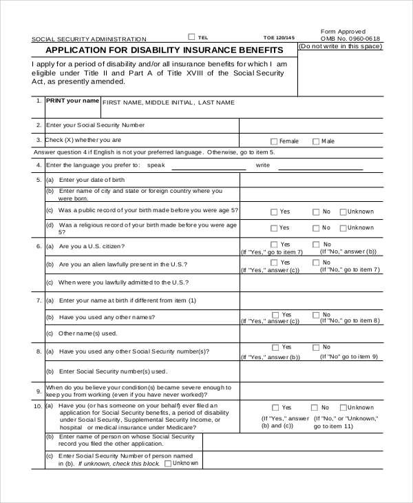 Social Security Disability Application Form Printable Printable Forms